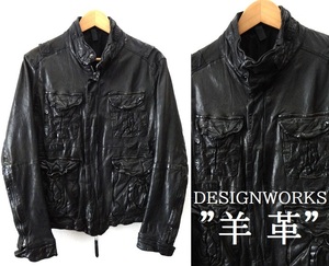 上質 羊革/DESIGNWORKS:デザインワークス/シワ加工 ラムレザー M65タイプ シングル ライダース ジャケット/ブラック/size46(M相当)