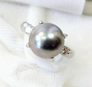 Pt900 Black Butterfly pearl ring ring platinum natural diamond pearl gray 11 number judgement document kk