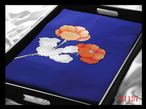 Art hand Auction [N1157] Carefully selected beautiful product, Shiose, hand-painted Yuzen dyed, lapis lazuli navy blue background, rich in elegance, high-class art Nagoya obi ◇Inspection◇Kimono bag obi Nagoya obijime, band, Nagoya obi, Tailored