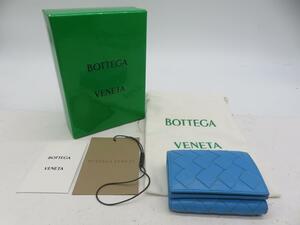 BFR12★ボッテガヴェネタ/BOTTEGA VENETA 3つ折り財布 コンパクトウォレット イントレチャート コインケース ブルー 保存袋 説明書 箱 