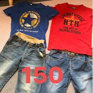 150 ２点セット　お揃い　ハーフパンツ デニムパンツ 半袖Tシャツ 夏服　赤　男児 ショートパンツ　双子