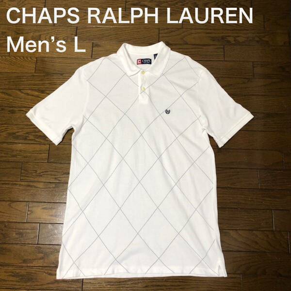 【送料無料】90s CHAPS RALPH LAUREN半袖ポロシャツ白アーガイル柄ステッチ　メンズLサイズ　ラルフローレン