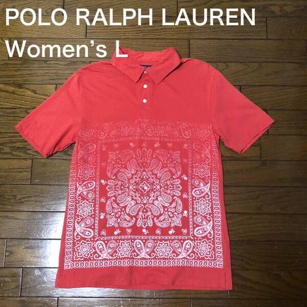 【送料無料】POLO RALPH LAUREN 半袖ポロシャツ　ピンクオレンジペイズリー柄　レディースLサイズ　ポロラルフローレン