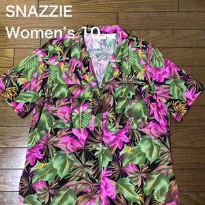 【送料無料】SNAZZIE半袖アロハシャツ緑紫花柄総柄　レディース10サイズ　ハワイアン半袖シャツ