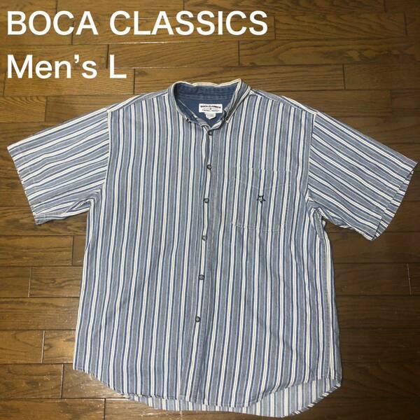 【送料無料】BOCA CLASSICSコットン100%半袖シャツ　青白ストライプ柄　メンズLサイズ