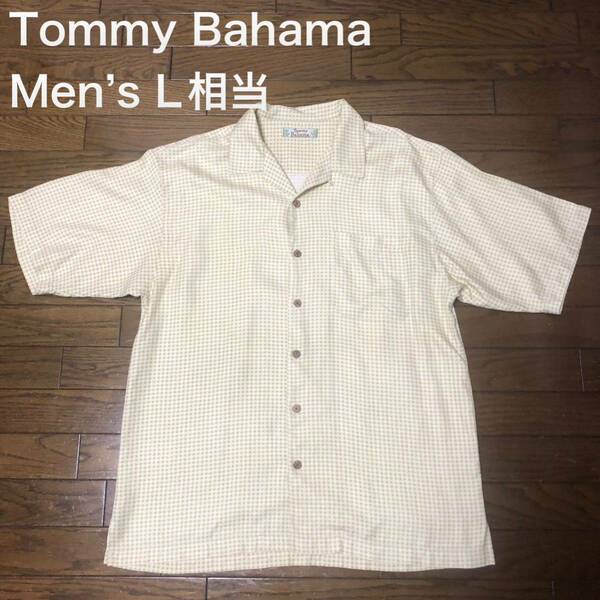 【送料無料】Tommy Bahama 半袖アロハシャツ　黄緑ギンガムチェック柄　メンズLサイズ相当　トミーバハマハワイアン半袖シャツ