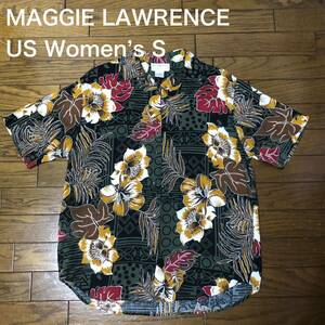 【送料無料】MAGGIE LAWRENCEレーヨン100%半袖アロハシャツ黒総柄　USレディースSサイズ（L-XLサイズ相当）ハワイアン半袖シャツ