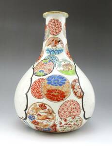 「藍」古伊万里　色絵丸紋尽徳利　花器　江戸後期　中型　全高20ｃｍ直径14ｃｍ　ホツ・ニュー無　