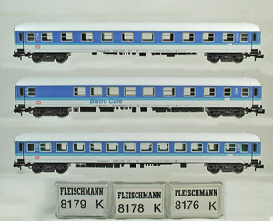 FLIESCHMANN #8176K~#8179K DB( old west Germany National Railways ) Inter regulation oDB red Logo ( dark blue | blue | light gray ) 3. set 