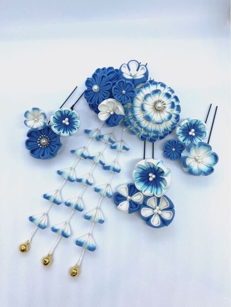 つまみ細工5点セット 白×青 七五三 成人式 夏祭り ヘアアクセサリー