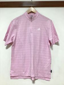 も1176 adidas GOLF アディダスゴルフ ハーフジップ 半袖シャツ S ボーダー ピンク CLIMALITE ロゴ刺繍