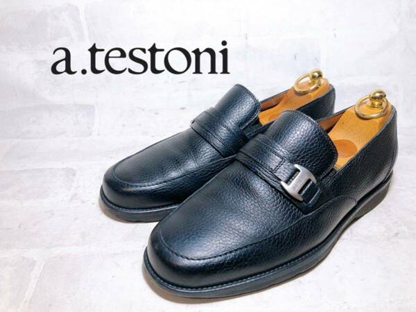 イタリア製【美品】a.testoni ア・テストーニ 高級 ローファー 本革 レザー 黒 UK6（約24.5cm）メンズ 紳士靴