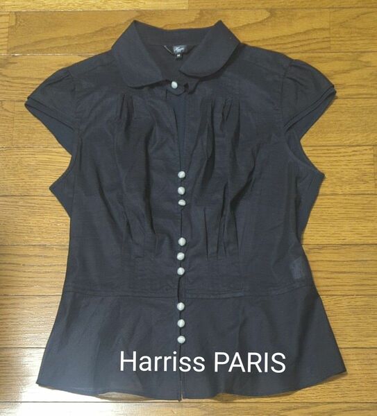 【良品】Harriss ハリス　紺色半袖シャツ　ブラウス　 フレンチスリーブ　サイズ36