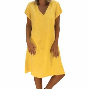 即決◇ # H30 女性ドレスプラスサイズドレスレディースルーズ夏スタイル feminino vestido 綿カジュ Yellow S