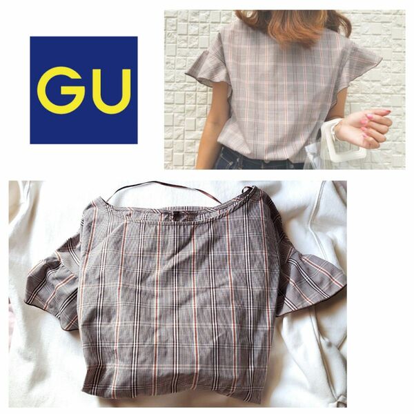 GU/チェックフリル フレンチスリーブブラウス