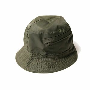 デッドストック 90's イタリア製 耳当て付き ナイロン バケットハット 緑 (61) ODグリーン ミリタリーデザイン 90年代 オールド 帽子