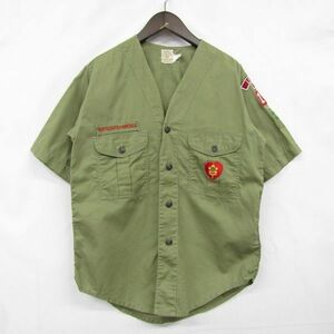 ~60s サイズ XS 程度 Vintage ボーイスカウト シャツ ノーカラー ワッペン BOY SCOUTS オリーブ 古着 ビンテージ 3JU2412