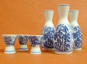 g093 blue and white ceramics bamboo writing sake cup /3 customer . sake bottle /3 customer . together 6 customer sake cup and bottle japan sake /80