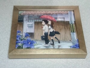 【美品】 からかい上手の高木さん 見守りたい初恋展 キャンバスボードB 「雨」原画 + シンプル樹脂額縁ゴールド 2点セット