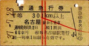 A型券　新1等　普通急行券　301km以上　名古屋駅から乗車　660円　名古屋駅発行　パンチ　車内検札赤チェック