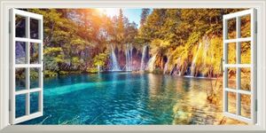 【窓仕様】滝 紅葉 エメラルドの渓流 美しい自然のハーモニー パノラマ 壁紙ポスター 特大版 1152×576mm はがせるシール式 025MS1