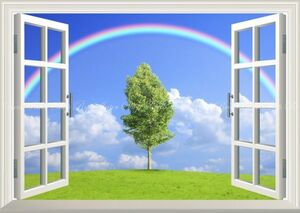 【窓仕様】虹と空と雲と緑のハーモニー レインボーアーチ 絵画風 壁紙ポスター 特大A1版 830×585mm はがせるシール式 003MA1, 印刷物, ポスター, その他