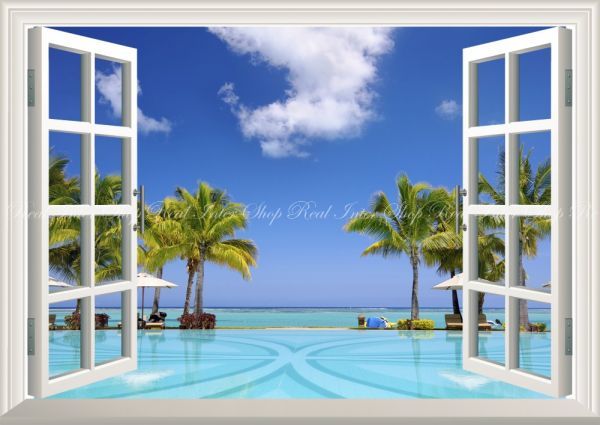 [Характеристики окна] Карибский тропический курорт, пляж у бассейна, море, стиль живописи, обои, постер, очень большой вариант А1, 830 x 585 мм, отслаиваемая наклейка, тип 007MA1, печатный материал, плакат, другие