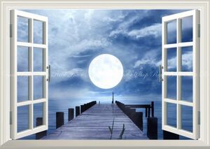 Art hand Auction [Window Specifications] Pier and Fantastic Super Moon Sea Moonlight Mysterious Healing Painting Style Wallpaper Poster Extra Large A1 Version 830 x 585 mm Peelable Sticker Type 024MA1, printed matter, poster, others