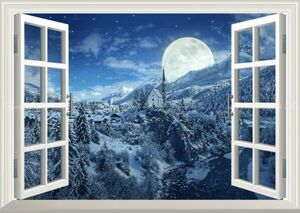 【窓仕様】銀世界の雪国と幻想的なスーパームーン ホワイトクリスマス 絵画風 壁紙ポスター A2版 594×420mm はがせるシール式 034MA2