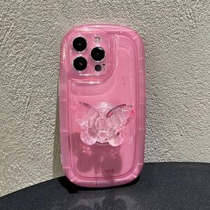 iPhone13/14ケース ピンク バタフライ スマホグリップ スタンド ポップソケット 蝶々 かわいい 韓国 クリア