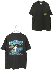 古着 00s USA製 HARLEY DAVIDSON 「LIGHTHOUSE」 ファイヤー モーター ポケット Tシャツ L 古着