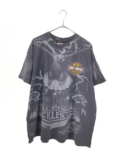 古着 90s USA製 HARLEY DAVIDSON イーグル サンダー パターン オールオーバー Tシャツ XL 古着