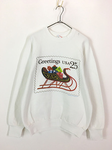 古着 80s USA製 「Greetings USA 25」 クリスマス ソリ 切手 スウェット トレーナー L 古着