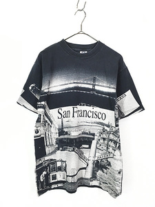 古着 90s San Francisco 街並み モノクロ フォト アート オールオーバー Tシャツ M 古着