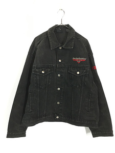 古着 90s HARLEY DAVIDSON Cafe BIG 刺しゅう ブラック デニム ジャケット Gジャン L 古着