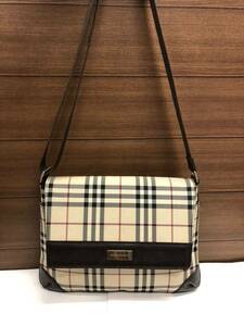 美品 ♪ BURBERRY バーバリー ♪ ノバチェック ショルダーバッグ フラップ キャンバス×レザー ロゴプレート ブラウン 茶系 ポシェット