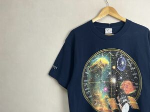 グッドプリントUSA製90sビンテージHUBBLE STAR SHOW半袖クルーネック宇宙プリントTシャツLネイビー100綿アメカジストリートnr23950