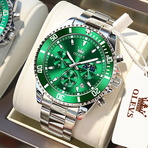 【シルバー×グリーン】メンズ高品質腕時計 海外人気ブランド Olevs クロノグラフ 防水 クォーツ式