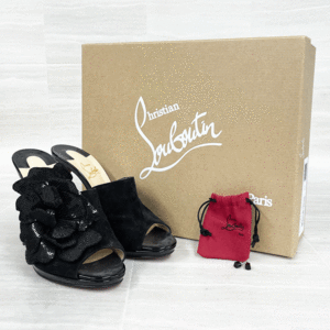 【YU-96】 中古　Christian Louboutin/ルブタン　スパンコール フラワー ミュール　サンダル　ハイヒール　ブラック　37 （約24cm）