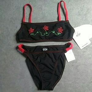  new goods unused regular goods genuine article GIRL STAR girl Star beads, embroidery design entering, black / red stretch light weight swimsuit M cat pohs shipping free shipping 