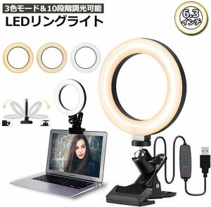 LEDリングライト USB自撮りライト 6.3インチ 直径16cm zoom ライト 高輝度撮影用ライト 3色モード 10段階調光女優ライト