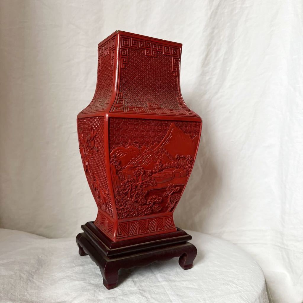 堆朱花瓶四方瓶28cm 彫刻漆器/ 古美術中国美術中国北京彫漆| JChere 
