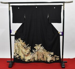 黒留袖 結婚式 五つ紋 家紋 金彩 梅 御所車 菊 鳥 身丈152cm 裄丈64.5cm ★着物 e-649 桜庭呉服店