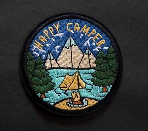 HCハッピー野営■新品『HAPPY CAMPER』 CAMPING キャンプ　キャンピング 月河川 大自然 刺繍ワッペン ■ミリタリー■ 洋服・衣類・衣服DIY