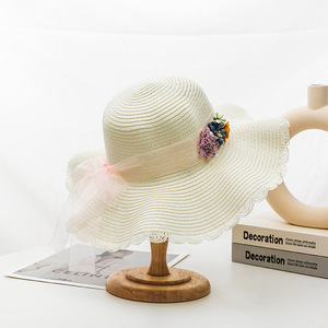  straw hat wide‐brimmed lady's wheat .. hat summer pretty beads ribbon natural ultra-violet rays measures UV cut natural material ventilation ... white 