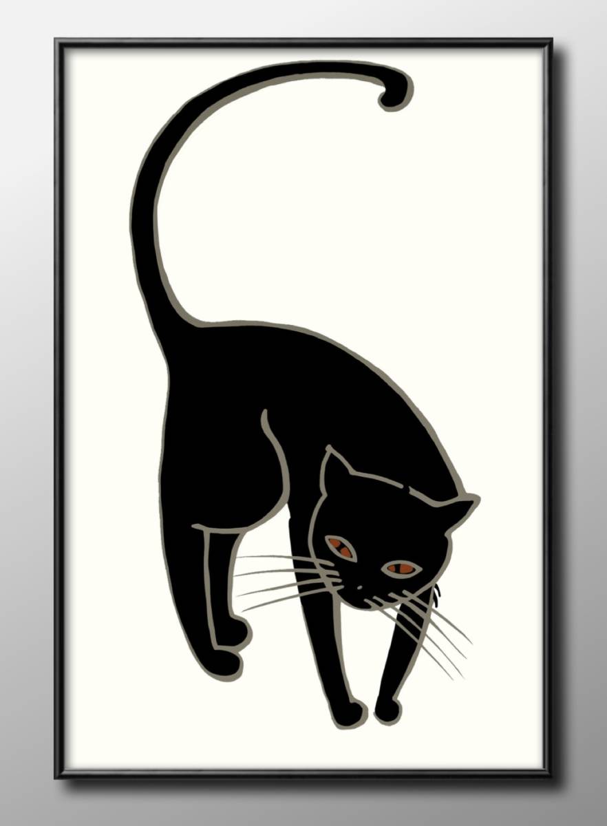 12812■Free shipping!! Art poster painting A3 size Black Cat illustration design Nordic matte paper, Housing, interior, others