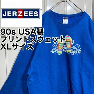 【90s★vintage】JERZEES ジャージーズ USA製 サンダル プリント 長袖 スウェット トレーナー ブルー XL