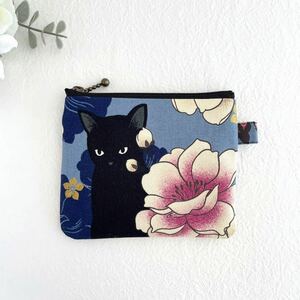 黒猫 12×10cm ミニポーチ　ポーチ カード入れ 小銭入れ 小物入れ ハンドメイド 和柄 ねこ ブルー 和モダン