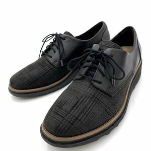 F ＊ ほぼ美品 '履き心地抜群' Clarks クラークス 本革 チェック柄 厚底 レースアップ シューズ 革靴 22.5cm レディース 婦人靴 BLACK