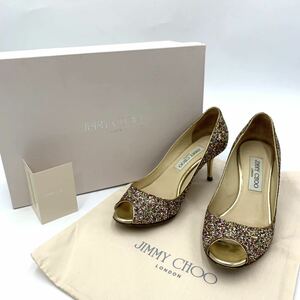 ＊ 良品 付属品完備 イタリア製 '高級婦人靴' JIMMY CHOO ジミーチュウ 本革 グリッターラメ / オープントゥ ヒール パンプス EU35 22cm